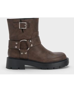 Charles & Keith Metallic Buckled Ankle Boots - Brown