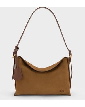 Charles & Keith Leather & Suede Top-Flap Hobo Bag - White