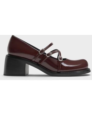 Charles & Keith Patent Triple-Strap Crossover Block-Heel Mary Janes - Brown
