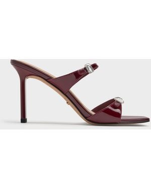 Charles & Keith Patent Leather Gem-Buckle Double-Strap Heeled Sandals - Pink