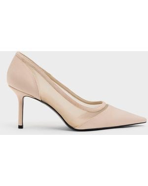Charles & Keith Faux Suede & Mesh Pointed Pumps - Natural