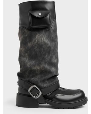 Charles & Keith Burnished Convertible Ruched Knee-High Boots - Black