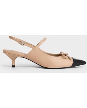Charles & Keith Bow Cap-toe Kitten-heel Slingback Pumps - Natural