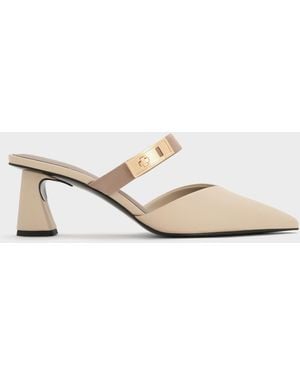 Charles & Keith Lando Pointed-Toe Metallic-Buckle Heeled Mules - White