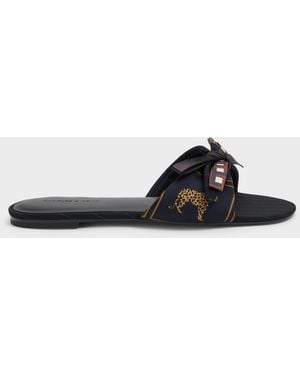 Charles & Keith Satin Printed Bow Slide Sandals - Black