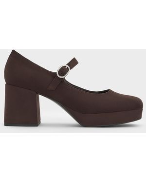 Charles & Keith Faux Suede Platform Mary Jane Court Shoes - Brown