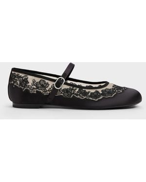 Charles & Keith Satin Embroidered-mesh Mary Jane Flats - White