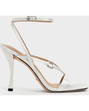 Charles & Keith Crystal-Buckle Ankle-Strap Heels - White