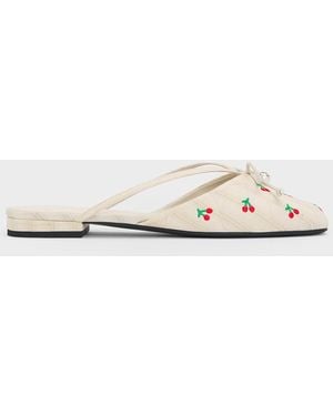 Charles & Keith Cherry-Print Pearl-Accent Bow Flat Mules - Natural