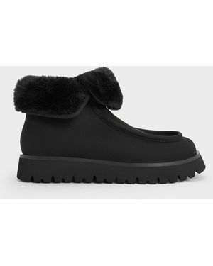 Charles & Keith Textured Fur-Lined Ridged-Sole Ankle Boots - Black