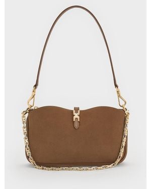 Charles & Keith Adalyn Recycled Suede Metallic-Buckle Chain-Handle Shoulder Bag - White
