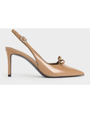 Charles & Keith Patent Bow Slingback Court Shoes - Natural