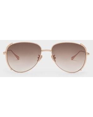 Charles & Keith Gem-Embellished Wireframe Aviator Sunglasses - Natural