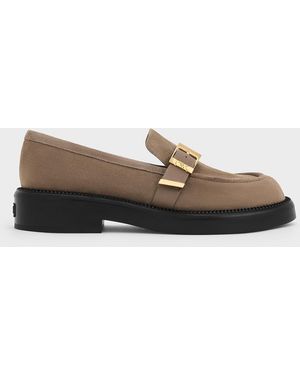 Charles & Keith Leather & Suede Buckled-Strap Loafers - Grey