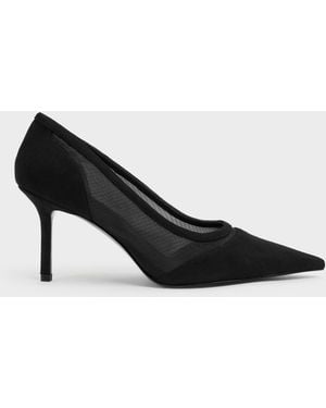 Charles & Keith Faux Suede & Mesh Pointed Pumps - Black