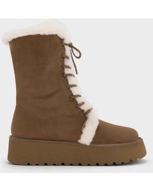 Charles & Keith Faux Suede & Faux Fur Flatform Boots - Brown