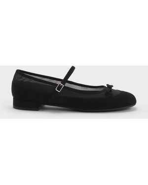Charles & Keith Mulligan Faux Suede & Mesh Mary Janes - Black
