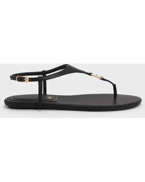 Charles & Keith Leather T-bar Thong Sandals - Black