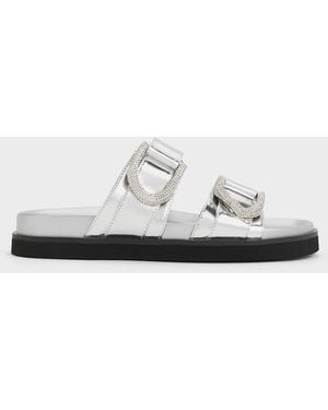 Charles & Keith Gabine Crystal-embellished Buckle Metallic Leather Slides - White