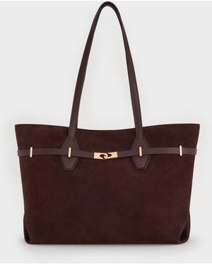 Charles & Keith Arlet Recycled Suede Double-Handle Belted Tote Bag - Brown