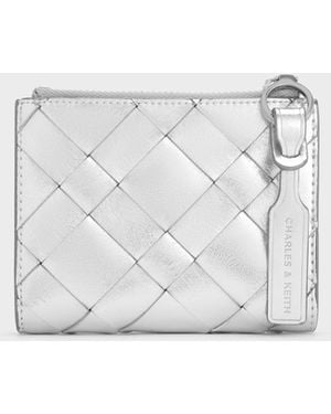 Charles & Keith Ivette Metallic Woven Top-zip Small Wallet - White