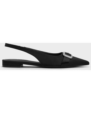 Charles & Keith Satin Crystal-Buckle Pointed-Toe Slingback Flats - White