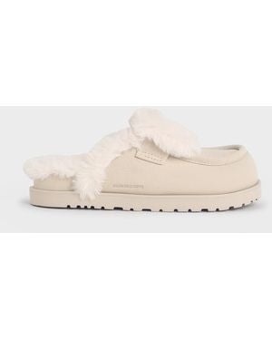 Charles & Keith Textured Fur-Trim Flatform Mules - Natural