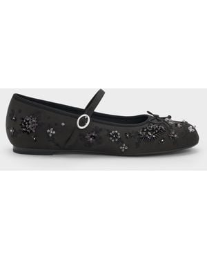 Charles & Keith Sadira Satin Embroidered Sequinned Mary Jane Flats - White