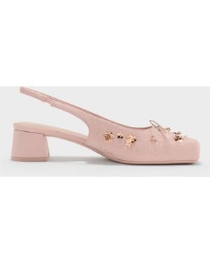 Charles & Keith Sadira Satin Embroidered Sequinned Slingback Court Shoes - Pink