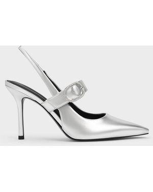 Charles & Keith Metallic Crystal-buckled Pumps - White