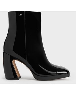 Charles & Keith Jyll Patent Leather Sculptural-heel Ankle Boots - Black