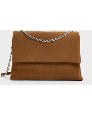 Charles & Keith Sianna Recycled Suede Chain-Handle Shoulder Bag - Brown