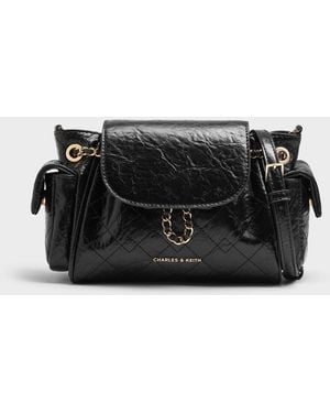 Charles & Keith Duo Quilted Two-Way Front Flap Backpack - Black