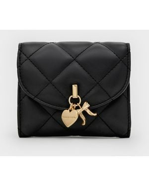 Charles & Keith Arrietty Quilted Bow-Heart Charm Curved-Flap Wallet - Black