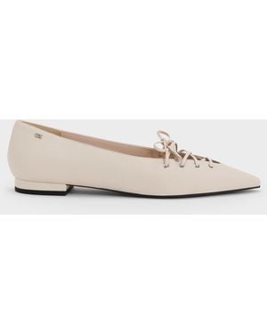 Charles & Keith Jianna Leather Lace-Tie Flats - Natural