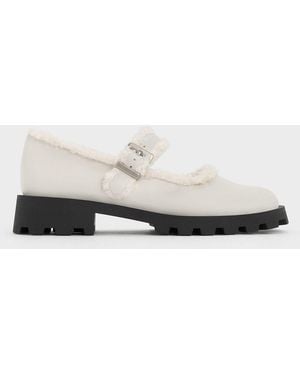 Charles & Keith Fur-trim Buckled Mary Janes - White