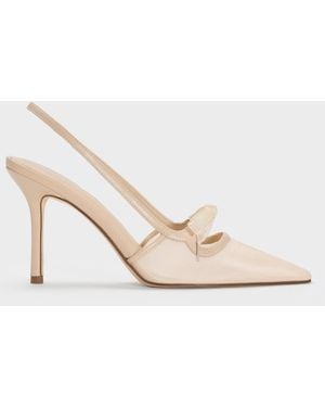 Charles & Keith Venetia Mesh Bow Pointed Slingback Court Shoes - Natural