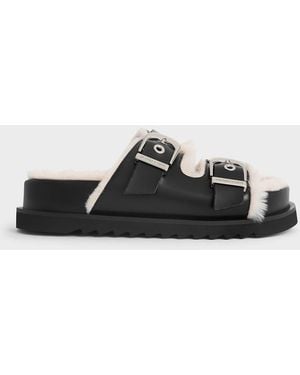 Charles & Keith Hannah Furry Buckled Double-Strap Sandals - Black