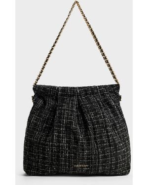 Charles & Keith Duo Tweed Double-Chain Hobo Bag - Black