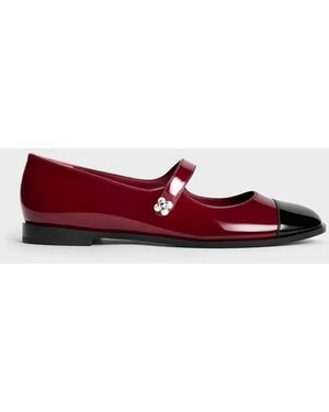 Charles & Keith Patent Pearl-Embellished Flower-Buckle Cap-Toe Mary Janes - Red
