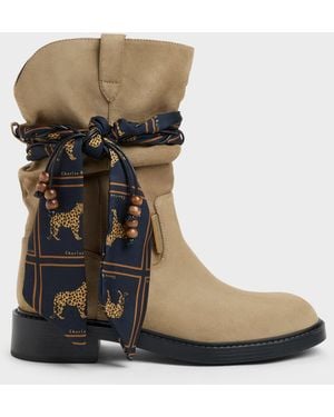 Charles & Keith Faux Suede Printed-Scarf Calf Boots - Black