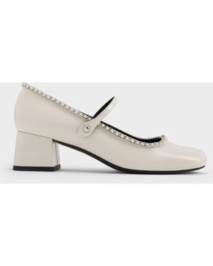 Charles & Keith Braided-Chain Block-Heel Mary Jane Court Shoes - White