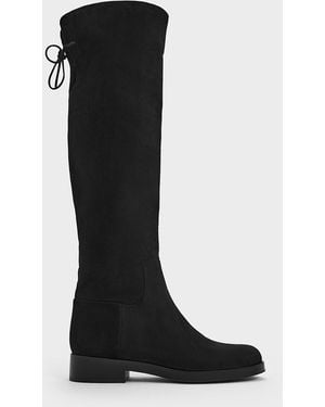 Charles & Keith Faux Suede Fold-Over Back-Tie Thigh-High Boots - Black