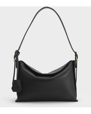 Charles & Keith Leather Top-Flap Hobo Bag - Black