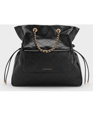 Charles & Keith Duo Quilted Drawstring Two-Way Backpack - Black