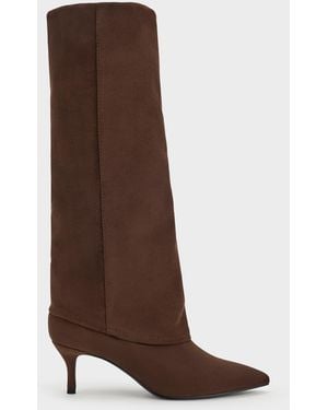 Charles & Keith Faux Suede Pointed Stiletto Knee-High Boots - Brown