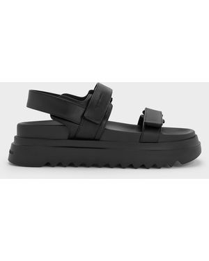 Charles & Keith Double-Strap Ridged-Sole Flatform Sandals - Black