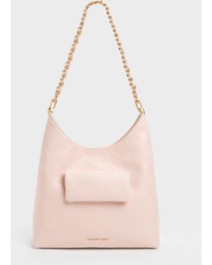 Charles & Keith Duo Quilted Front-Pocket Chain Hobo Bag - Pink