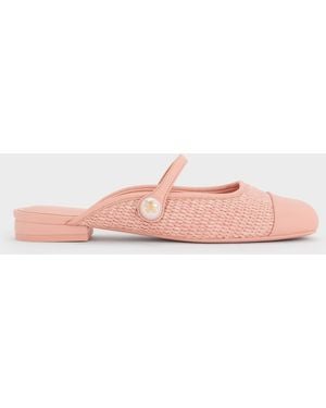 Charles & Keith Aeryn Raffia Pearl-Embellished Slip-On Mary Janes - Pink