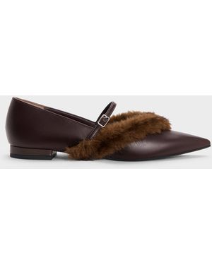 Charles & Keith Emila Fur-Trim Pointed Mary Janes - Brown